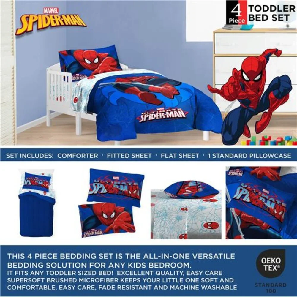 Marvel Spider-Man Classic Toddler Bed Set Kids Superhero Bedding 4 Piece Set